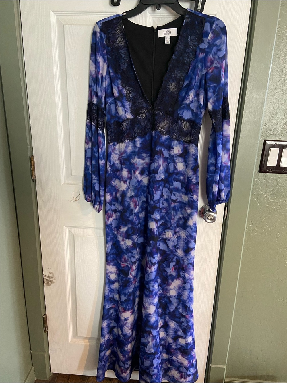 Belle Badgley Mischka Blue Floral Lace Trim Maxi Dress
